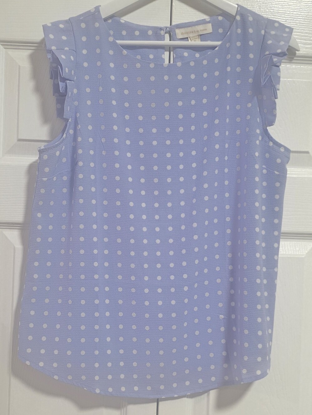 Sleeveless Polka Dot Ruffle Shoulder Top - Light Blue & White